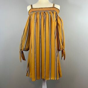 AUW Women's off-shoulder, striped dress, size M, Yellow striped, Derby dress